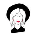 Head or face of stylish lady with long hair, red lips, hat and earrings isolated on white background. Stylized outline