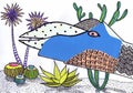 The head of a fantasy bird in the desert among cactuses. Children`s drawing