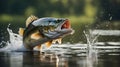 head of a fish A realistic scene of a bass fish leaping out of the water to catch a fishing lure, with splashes