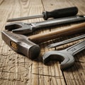 Head a flathead screwdriver with a black handle an adjustable wrench Royalty Free Stock Photo