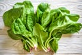 Head of fresh butter lettuce in a white bowl on a wood background Royalty Free Stock Photo
