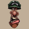 Head of a funny cartoon talking man in a green helmet with glasses