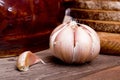 Head of garlic and a separate slice