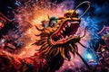 The head of a giant Chinese New Year dragon against the backdrop of festive decorations and fireworks - Generative AI