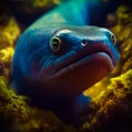 The head of a giant Moray. Moray eels are mostly reef dwellers who live hidden in burrows. Generative AI