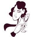 Head of a girl with a glass of wine in her hand. Vector illustration in a minimalistic style Royalty Free Stock Photo