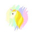 Head of a golden unicorn. Gold Horse Hair. on the background of the rainbow
