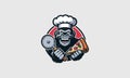 head gorilla hold pizza and knife vector mascot design