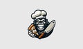 head gorilla hold pizza and knife vector mascot design