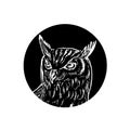 Head of Great Horned Owl Woodcut Retro Black and White