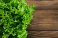 Head of green lettuce salad on wooden kitchen table, top view. Copy space for text. Healthy food Royalty Free Stock Photo