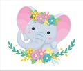 Head of grey elephant in flowers. Children illustration Royalty Free Stock Photo