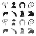 Head of a horse, a bull head, a revolver, a cowboy girl. Rodeo set collection icons in black,monochrome style vector