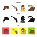 Head of a horse, a bull head, a revolver, a cowboy girl. Rodeo set collection icons in cartoon,black,flat style vector Royalty Free Stock Photo