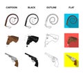 Head of a horse, a bull head, a revolver, a cowboy girl. Rodeo set collection icons in cartoon,black,outline,flat style