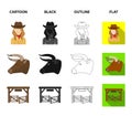 Head of a horse, a bull head, a revolver, a cowboy girl. Rodeo set collection icons in cartoon,black,outline,flat style Royalty Free Stock Photo