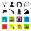 Head of a horse, a bull`s head, a revolver, a cowboy girl. Rodeo set collection icons in black,flet style vector symbol
