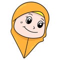 The head of an innocent girl with a cute face wearing a Muslim hijab. doodle icon drawing