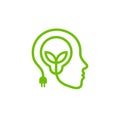 Head with lamp and leaves, green linear logo. Renewable energy symbol.