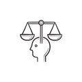 Head with law scales hand drawn outline doodle icon.