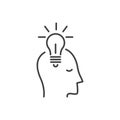 Head with light bulb. Vector outline icon. Vector creative imagination brainstorming or generating new idea isolated