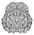 The head of a lion with a big mane. Meditative coloring of antistress. Arrows, strips, scales, lines. Logo, print on the Royalty Free Stock Photo