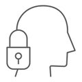 Head lock thin line icon, protection and person, padlock and head sign, vector graphics, a linear pattern on a white