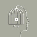 Head and locked cage as mental prison concept, lock with keyhole and key to unlock it