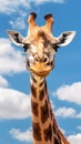 The head and long neck of a giraffe against a sky with clouds. Vertical shot