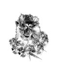 Head of a macaque in full-face with a wreath on the neck of Sakura flowers with leaves