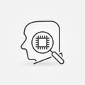 Head with Magnifier and Chip outline vector concept icon
