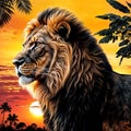 The head of a majestic lion against the backdrop of sunset Africa tree