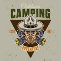 Head of man in boy scout hat and two crossed flashlights vector illustration. Camping and outdoors colored emblem, badge