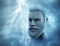 Head of man in front of blue thunder sky Royalty Free Stock Photo