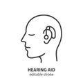 Head of a man with a hearing aid line icon. Symbol of deafness. Editable stroke. Vector illustration