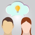 Head of a man and woman with speak bubble and light bulb. Royalty Free Stock Photo