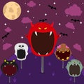 Head Monster Set in Field and Night. Big Devil Head, Grey Zombie, Brown Zombie, Skeleton and Black Cat