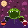 Head Monster Set in Field and Night. Big Goblin Head, Scream, Creepy Bat, Creepy Clown and Alien