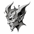 Head muzzle of a scary terrible gargoyle close-up, black and white drawing, engraving style,