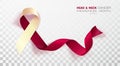 Head and Neck Cancer Awareness Month. Burgundy and Ivory Color Ribbon Isolated On Transparent Background. Vector Design Template