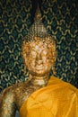 Head of old golden Buddha image in Thailand temple. Royalty Free Stock Photo