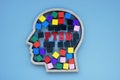 Head outline with colored cubes and inscription PTSD Post Traumatic Stress Disorder. Royalty Free Stock Photo