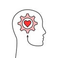 Head outline with gear and heart shape as mental health, well-being, inspiration, emotional intelligence concept