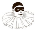 Head of Pierrot, wearing skull cap, eye mask and frilled collar
