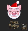 The head of a piglet dressed in a Santa Claus hat, beard and mustache