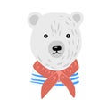 Head polar bear on white background. Cute character cabin boy in striped jacket and red scarf Royalty Free Stock Photo