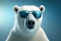 Funny polar bear wearing sunglasses in a polar snow environment