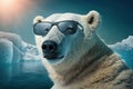 Funny polar bear wearing sunglasses in a polar snow environment