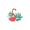 Head portrait of flamingo for different design and tattoo. Cartoon style icon of the cute bird face with tropical leaves, flowers Royalty Free Stock Photo