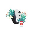 Head portrait of a panda for different design. Cartoon style icon of the cute animal face with tropical leaves, flowers Royalty Free Stock Photo